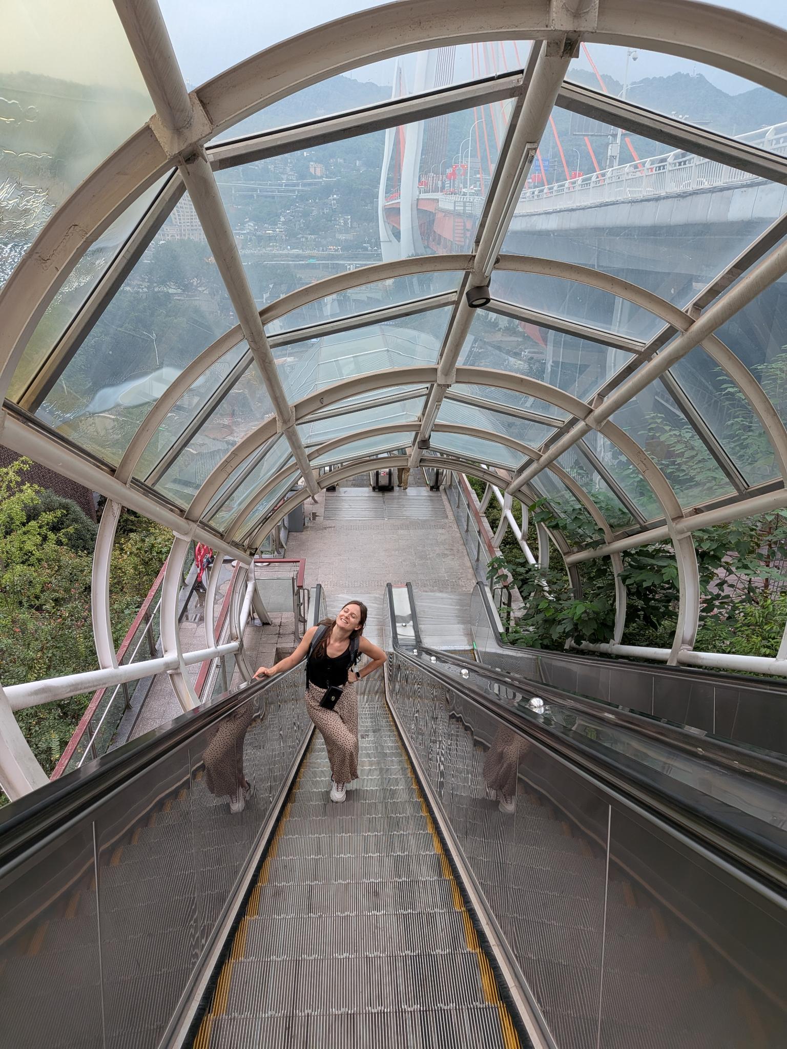 L'escalator extérieur, la vallée et le pont au loin
