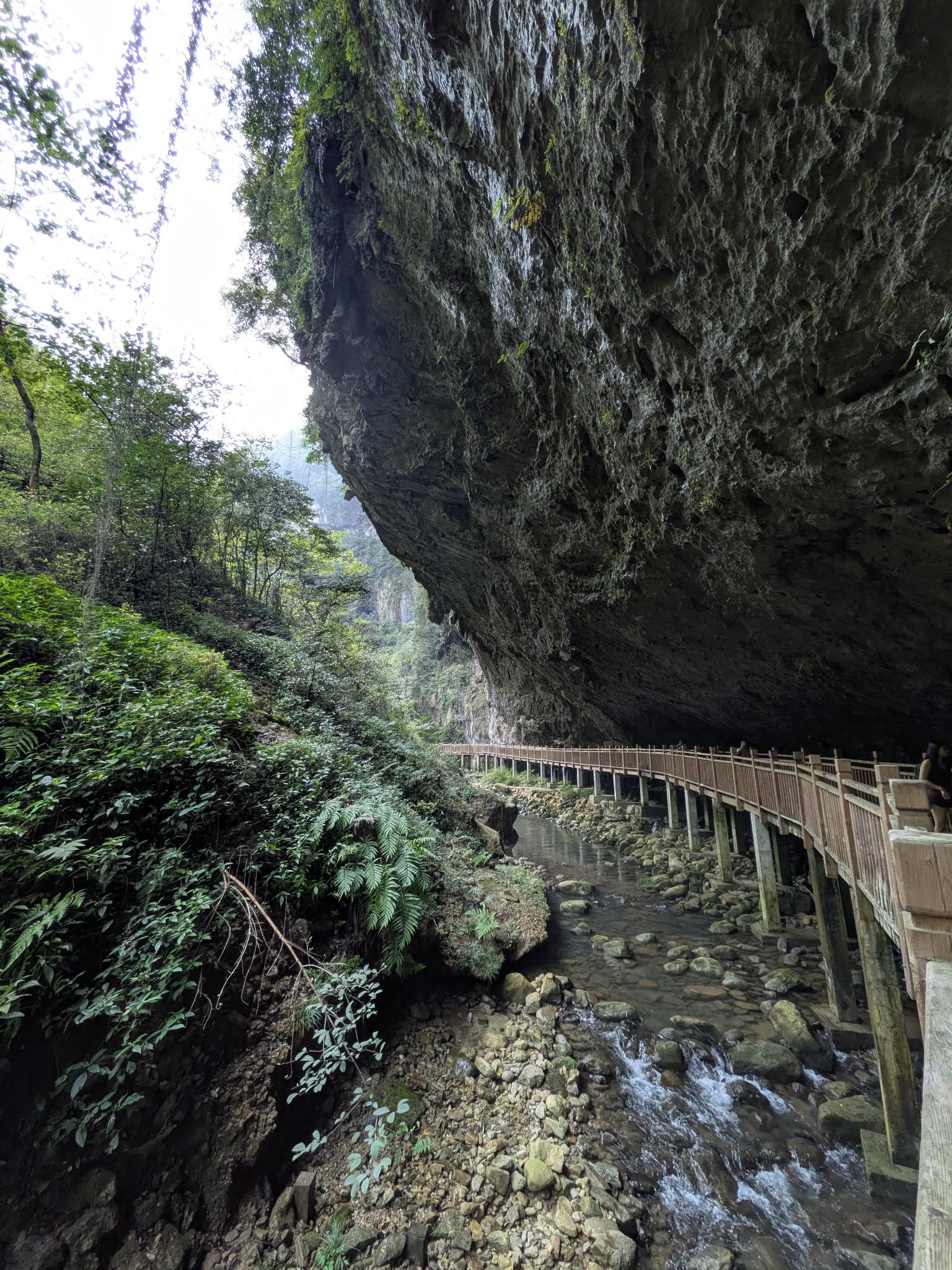 L'entrée de la grotte, sa roche striée et le sentier qui s'engouffre dans l'ombre