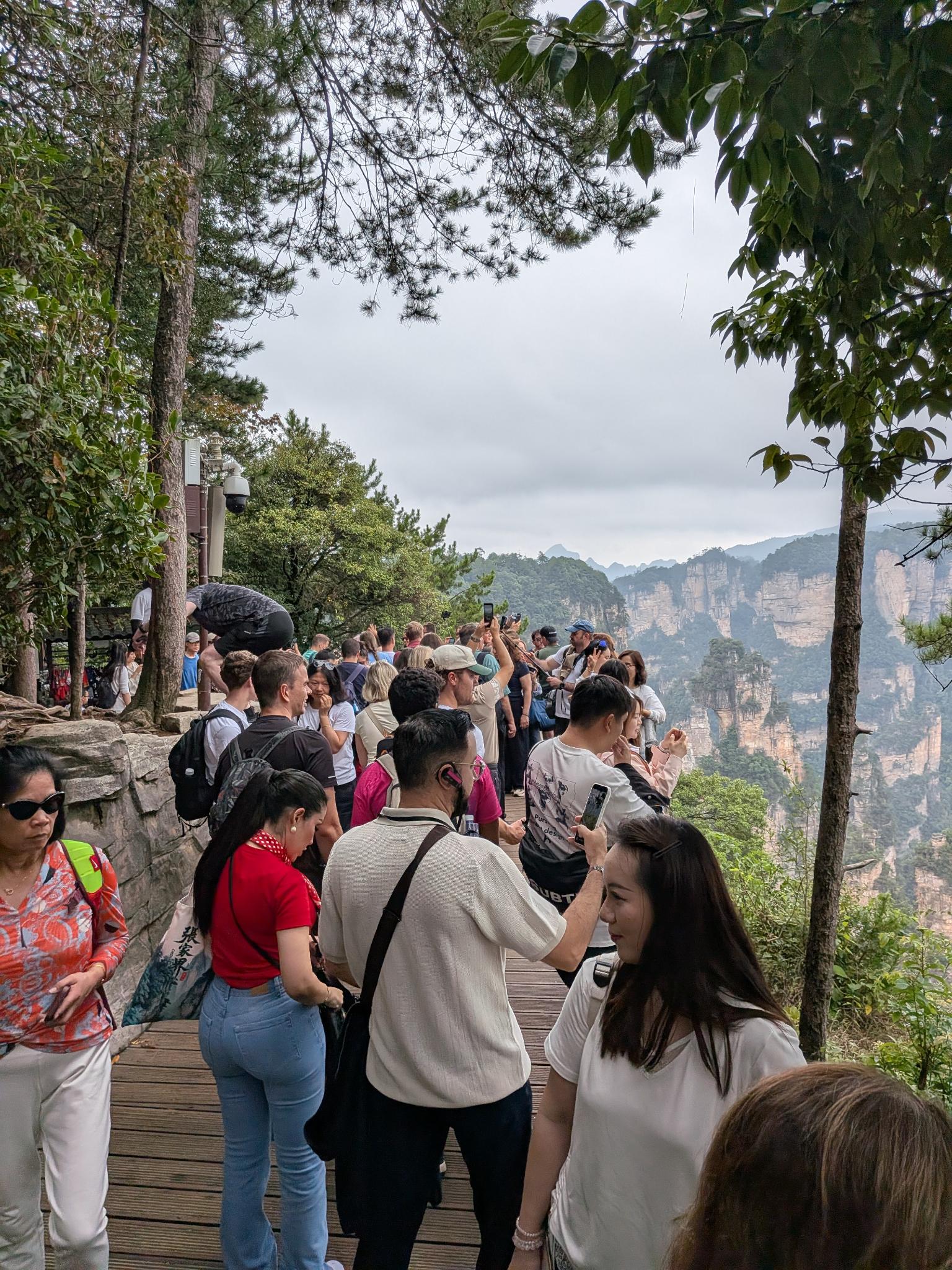 La foule qui lève les téléphones, sur le belvédère en bois