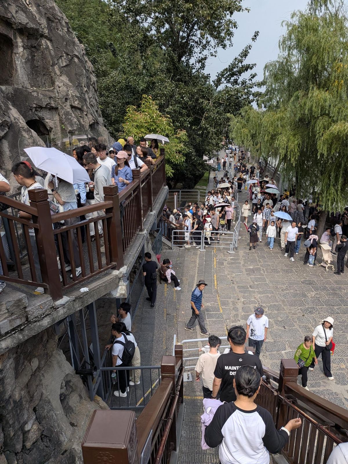 La longue file de touristes entre les arbres et la falaise sculptée, au parc de Longmen