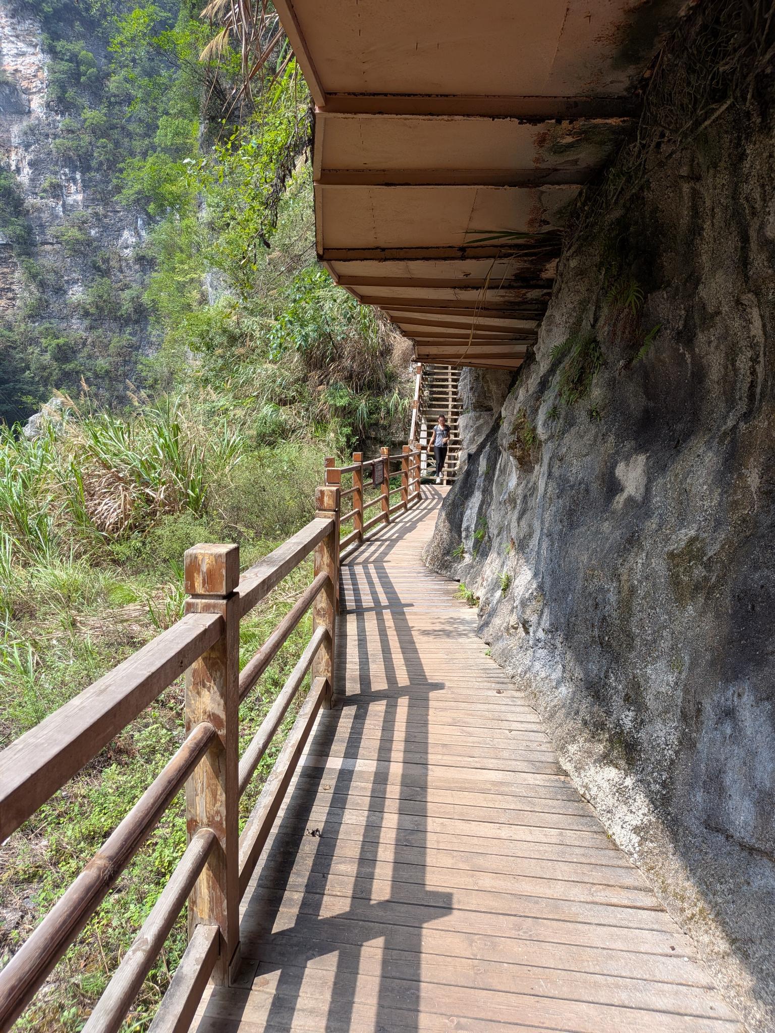 La passerelle ombragée qui grimpe la falaise, ses panneaux de toit et sa marche