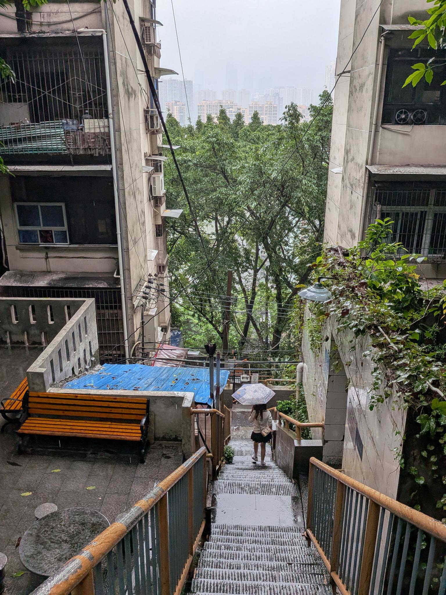 Les escaliers pentus entre les immeubles, parapluie à l'appui