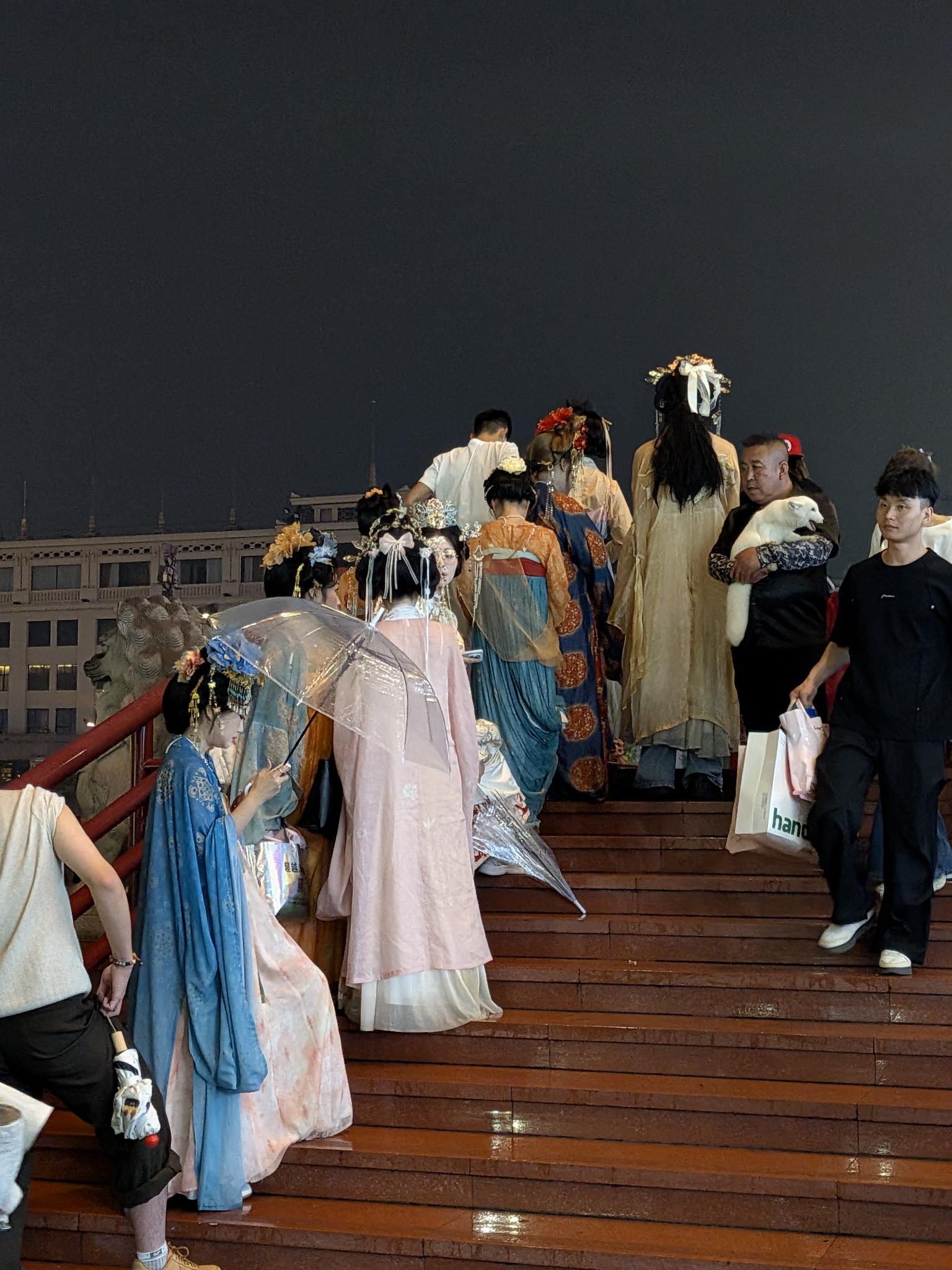 Groupe de personnes en hanfu sur l'escalier mouillé sous les parapluies transparents, lion de pierre