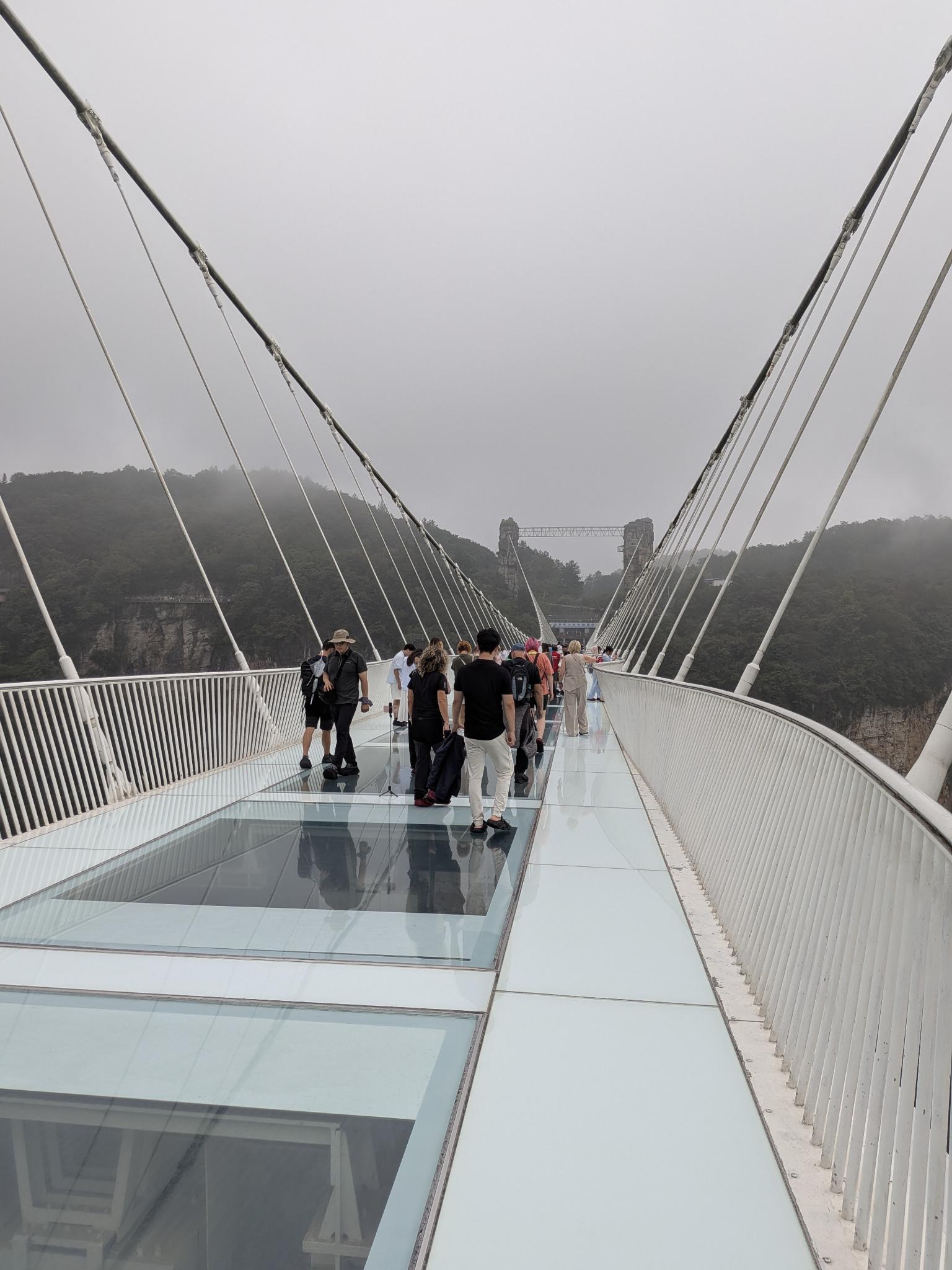 Le câble et la passerelle vitrée qui traversent la gorge embrumée