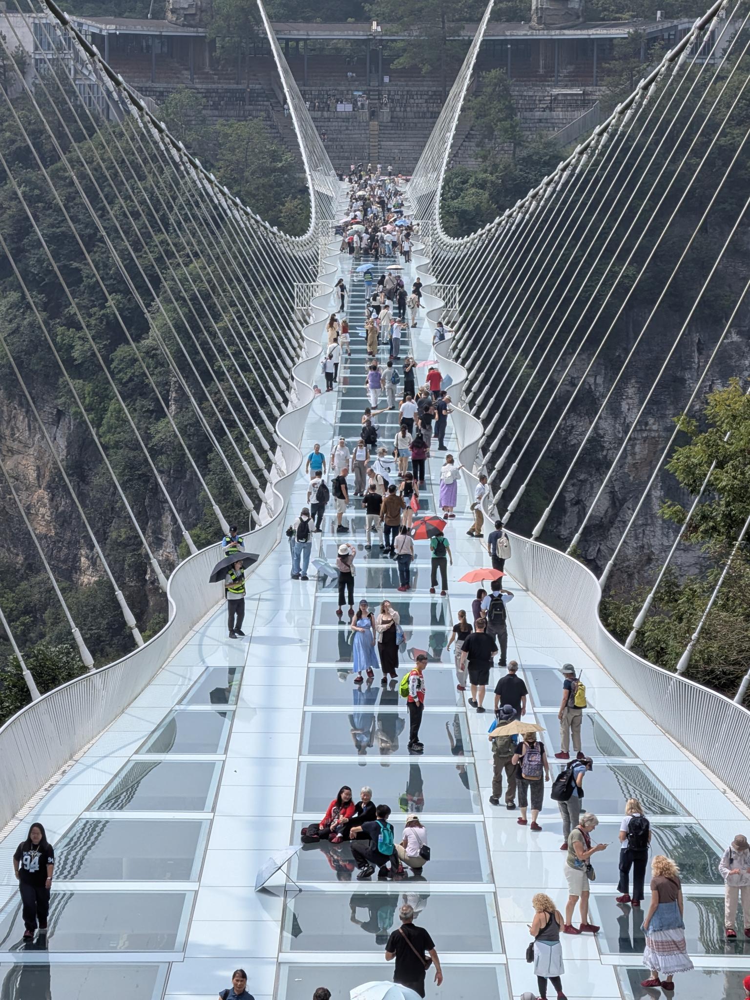 La foule sur la passerelle vitrée, parapluies en main